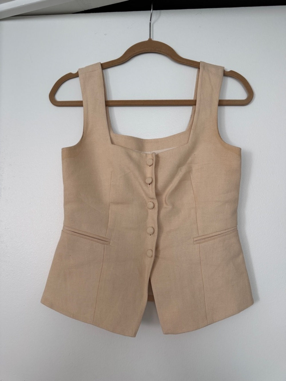 Sezane Beige Sleeveless Buttoned Linen Blend Tank Top